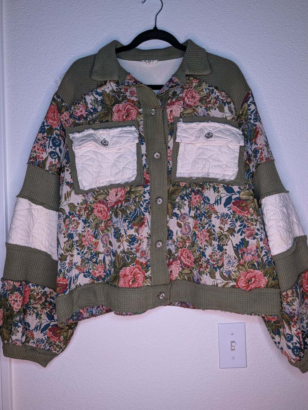 POL Floral Tapestry Patchwork Quilted Shacket Jacket L Olive Green Boho Knit